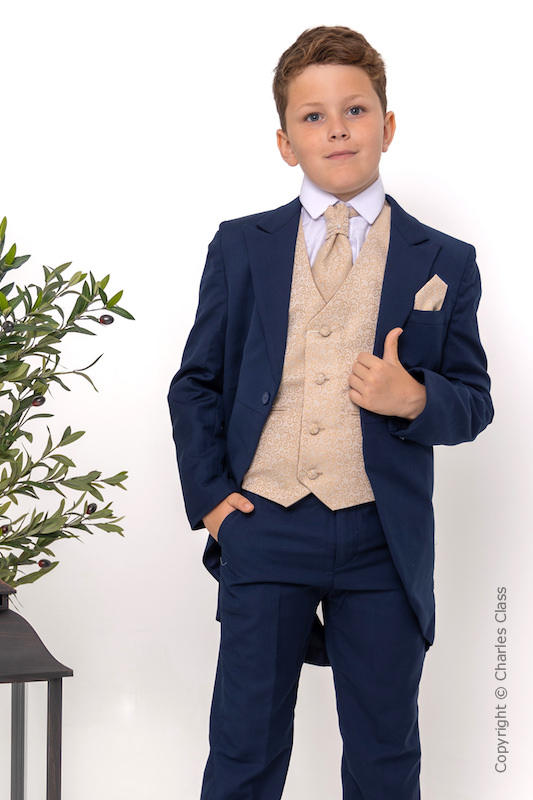 Boys Navy & Champagne Scroll Tail Coat Suit - Darcy