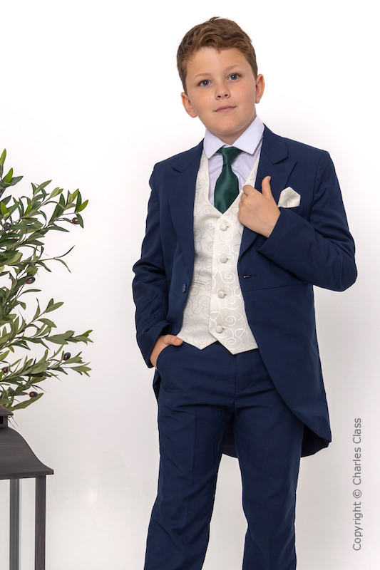 Boys Navy & Ivory Tail Suit with Dark Green Tie - Darcy
