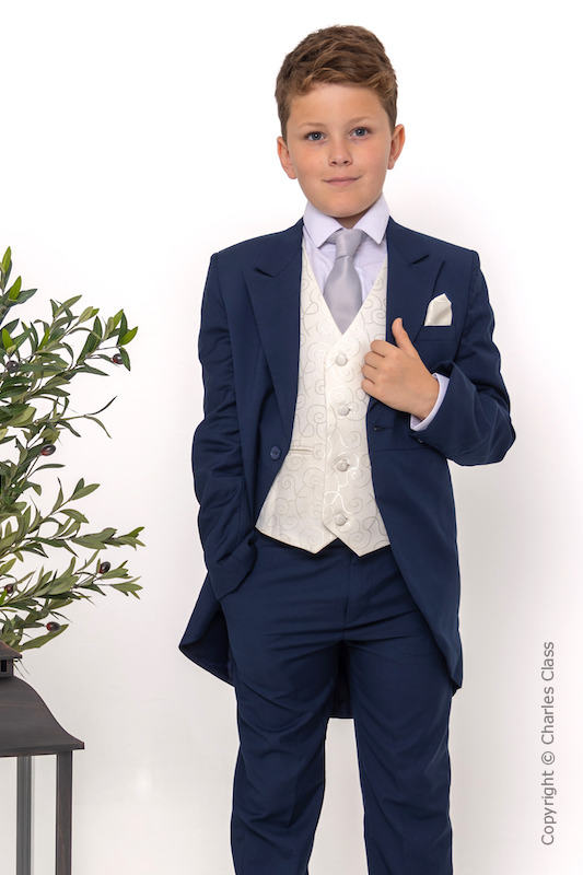 Boys Navy & Ivory Tail Suit with Silver Tie - Darcy