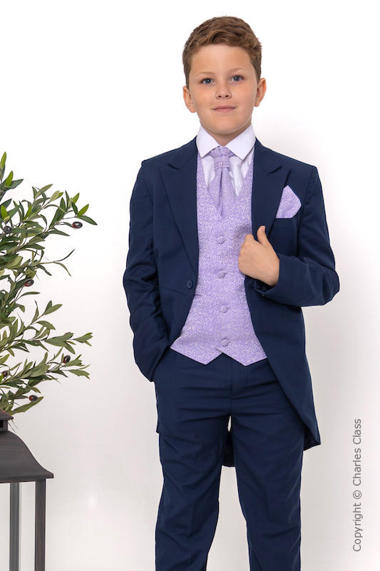 Boys Navy & Lilac Scroll Tail Coat Suit - Darcy