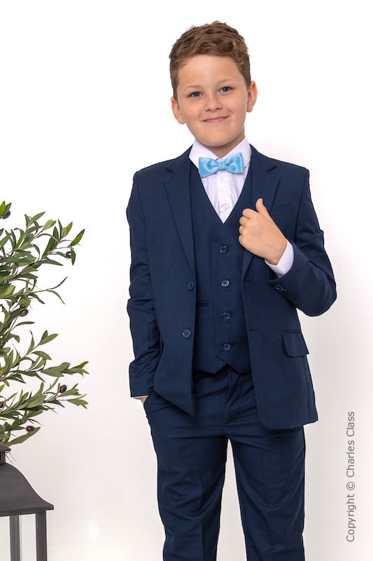 Boys Navy Suit with Sky Blue Dickie Bow - Stanley