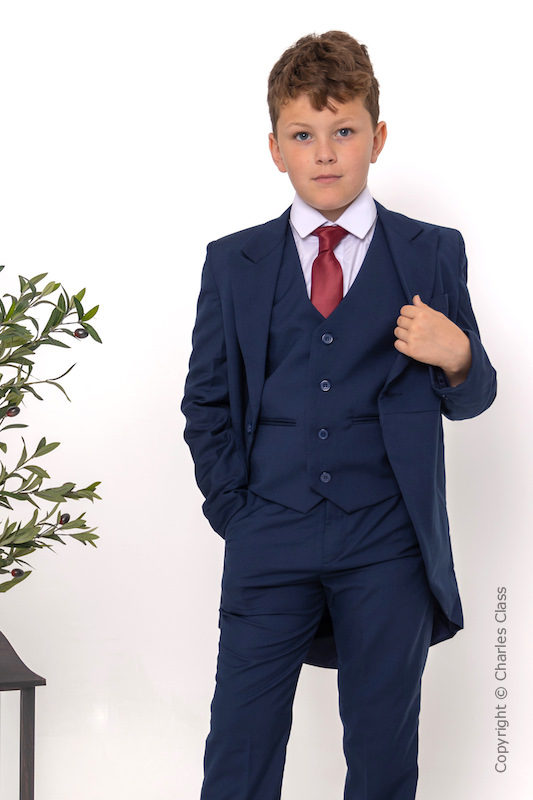 Boys Navy Tail Coat Suit with Burgundy Tie - Edward