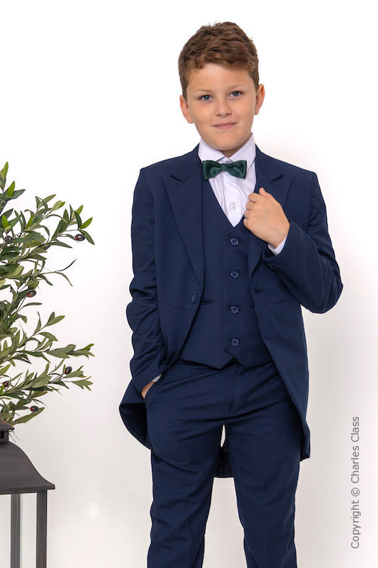 Boys Navy Tail Coat Suit with Dark Green Bow Tie - Edward