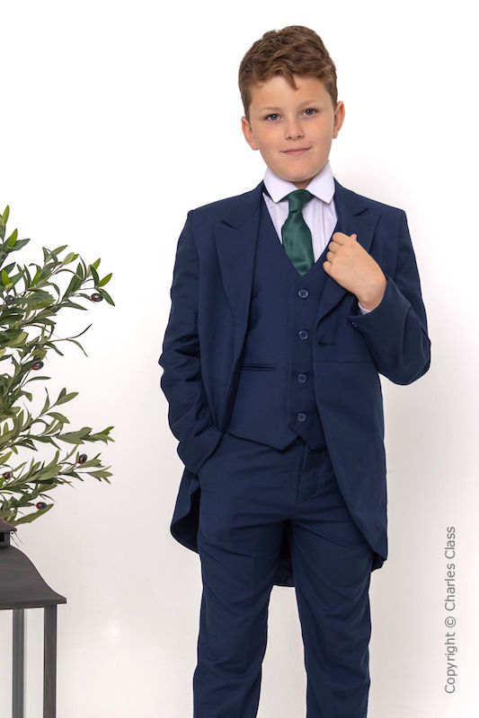 Boys Navy Tail Coat Suit with Dark Green Tie - Edward