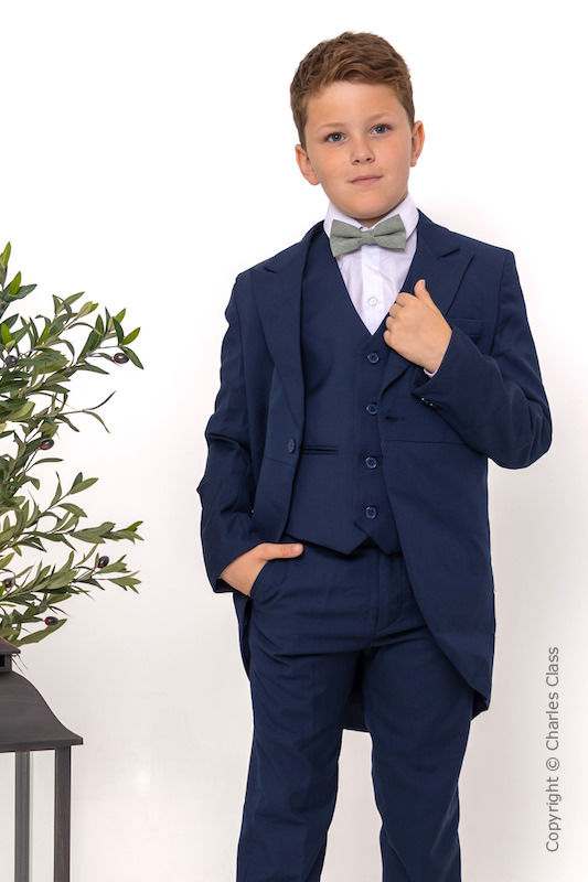 Boys Navy Tail Coat Suit with Sage Green Textured Bow Tie - Edward