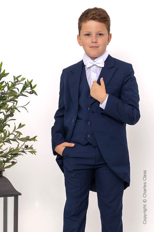 Boys Navy Tail Coat Suit with White Bow Tie - Edward