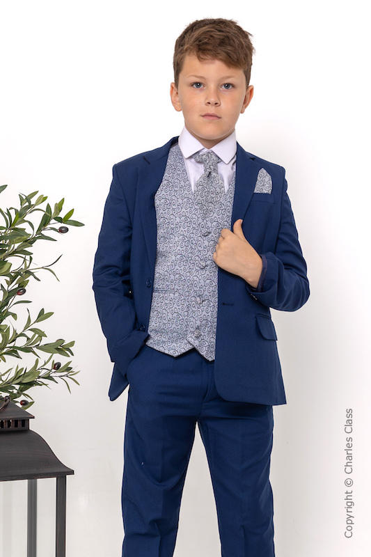 Boys Royal Blue & Grey Scroll Jacket Suit - Walter