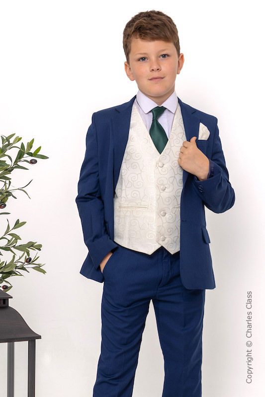 Boys Royal Blue & Ivory Suit with Dark Green Tie - Walter