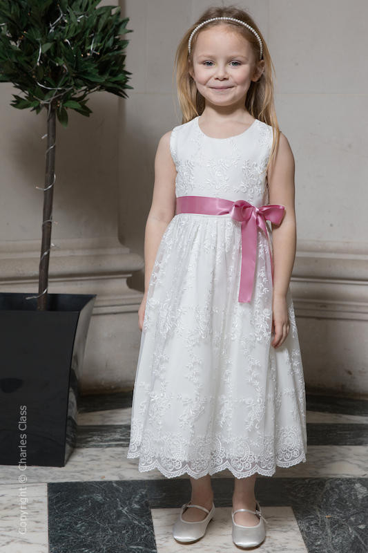 Girls Ivory Lace Dress & Antique Pink Satin Sash - Eva