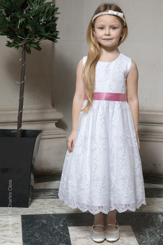 Girls White Lace Dress & Antique Pink Satin Sash - Eva