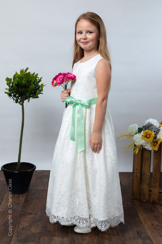 Girls Ivory Eyelash Lace Dress & Mint Green Satin Sash - Harriet