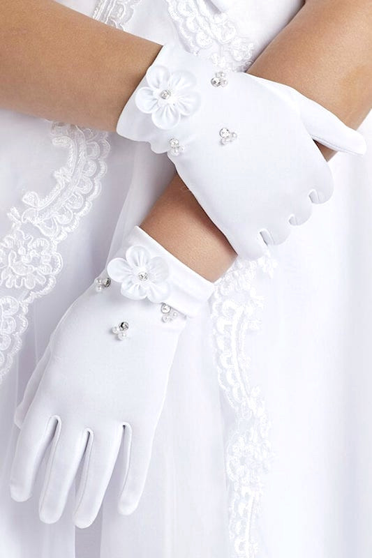 Peridot Girls White Diamante Flower Gloves - Style Naomi