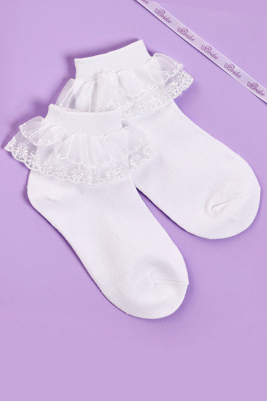 Girls White Double Guipure Lace Communion Socks - Style Louise