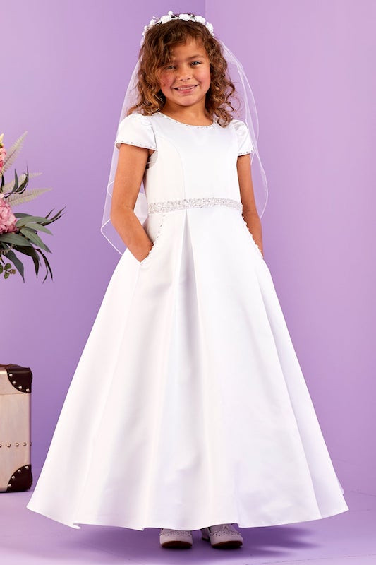 Peridot White Beaded Pocket Communion Dress - Style Lucia