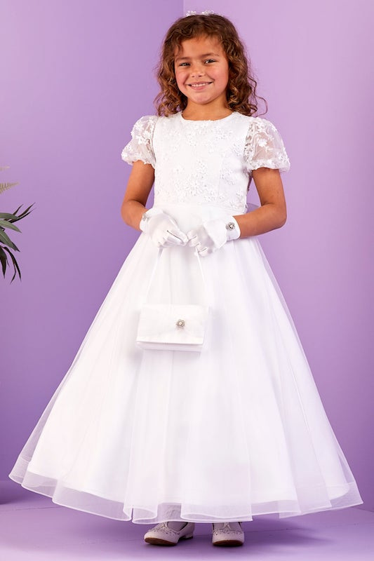 Peridot White Applique Floral Communion Dress - Style Ayda