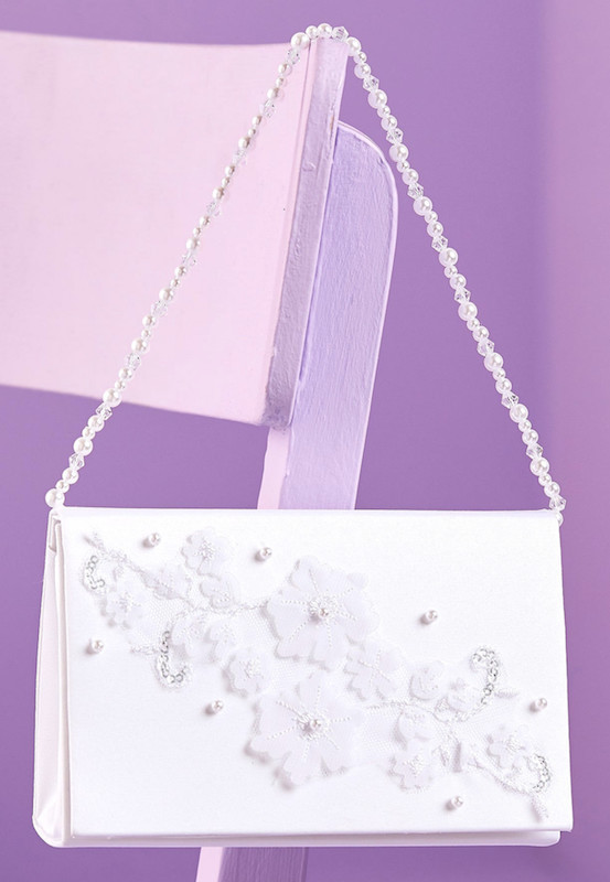 Peridot Girls White Pearl Flower Satin Bag - Style Samantha