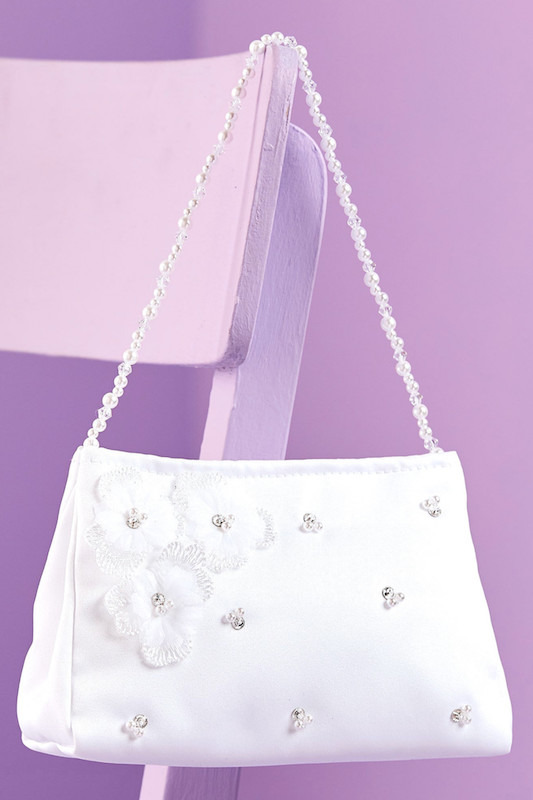 Peridot Girls White Pearl Flower Satin Bag - Style Joanne