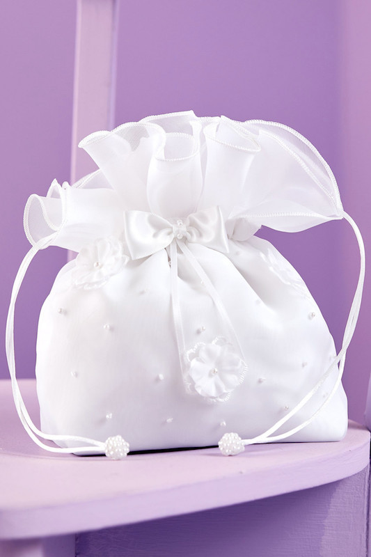 Peridot Girls White Pearl Bow Flower Dolly Bag - Style Annie