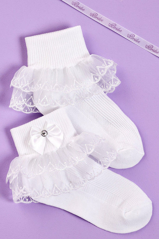 Girls White Diamante Bow Guipure Lace Communion Socks - Style Macy