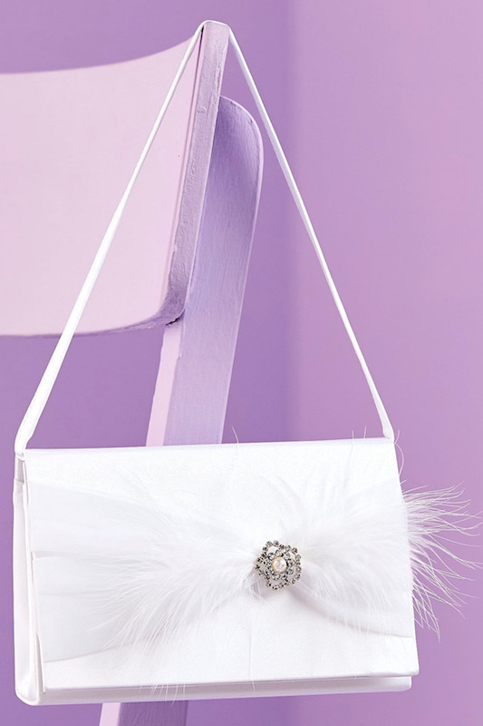 Peridot Girls White Diamant Feather Bow Satin Bag - Style Petunia