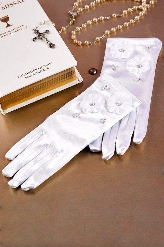 Peridot Girls White Pearl Sequin Flower Gloves - Style Flora