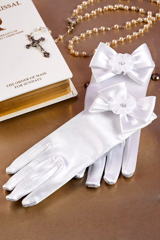 Peridot Girls White Flower Bow Gloves - Style Yasmin