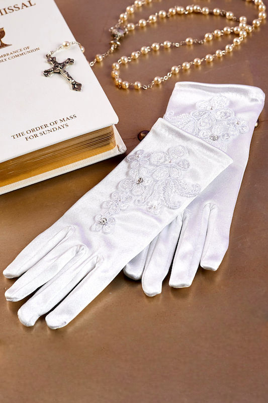 Peridot Girls White Lace Satin Gloves - Style Olive