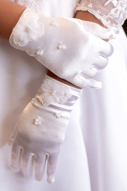 Peridot Girls White Pearl Flower Gloves - Style Paige