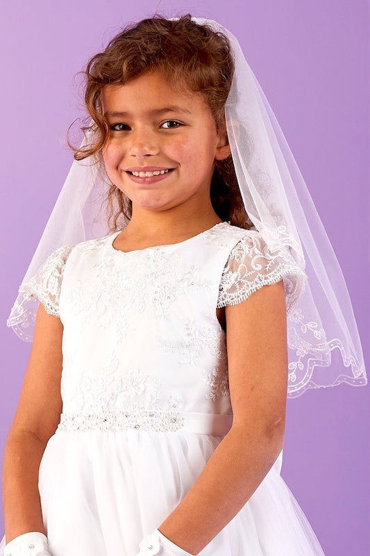 Peridot Girls White Chainstitch Communion Veil - Style Sylvie