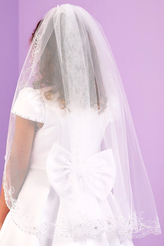 Peridot Girls White Chainstitch Long Communion Veil - Style Ashley