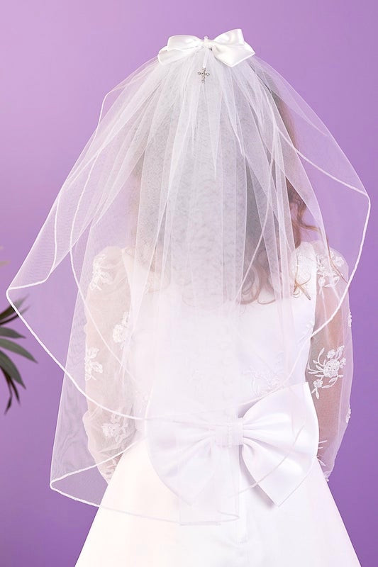 Peridot Girls White Diamante Cross Communion Veil - Style Pippa