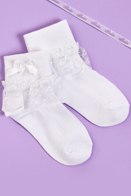 Girls White Pearl Bow Guipure Lace Communion Socks - Style Elsie