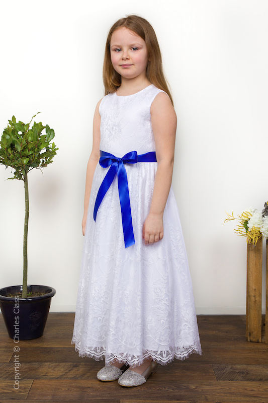 Girls White Eyelash Lace Dress with Royal Blue Sash