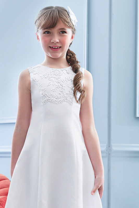 Girls White Lace Satin Communion Dress - Style 2144