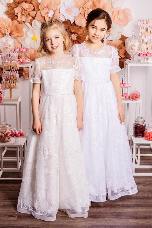 Girls Ivory or White Sequin Embroidered Communion Dress - Style Kadlin