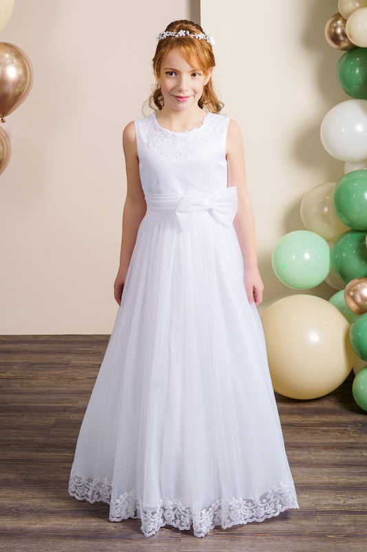 Girls Ivory or White Dotted Tulle Communion Dress - Style Kaila