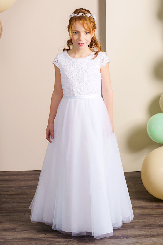 Girls Ivory or White Lace Tulle Communion Dress - Style Kailey