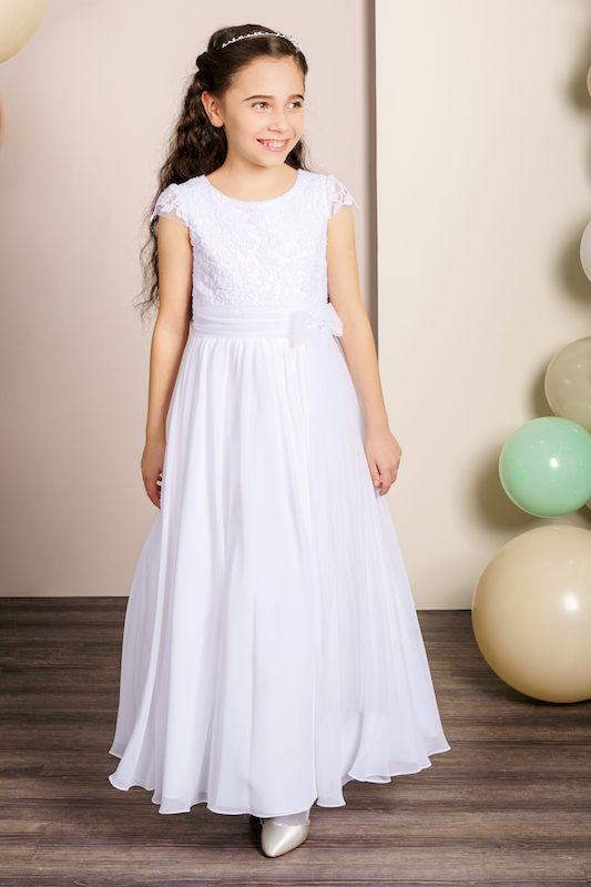 Girls Ivory or White Lace Chiffon Communion Dress - Style Kaitlin