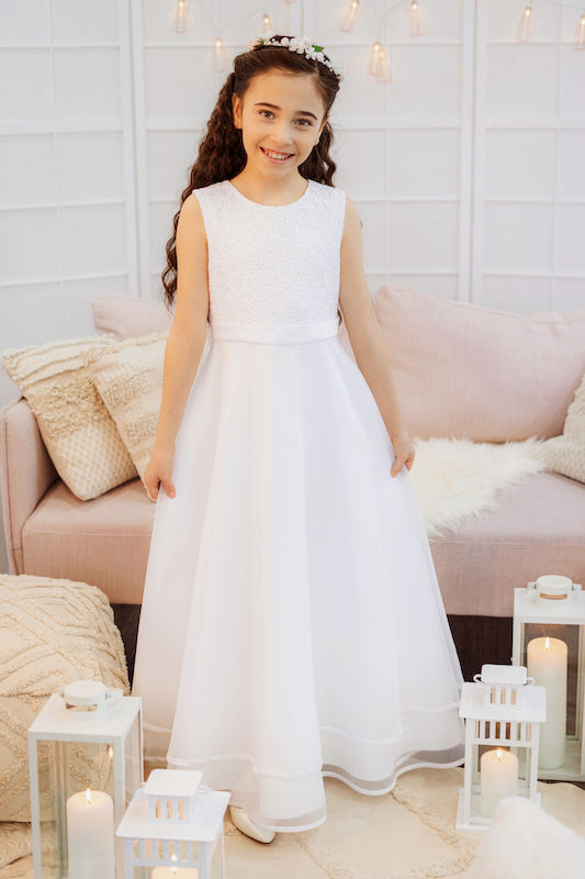 Girls White Embroidered Lace Communion Dress - Style Kea