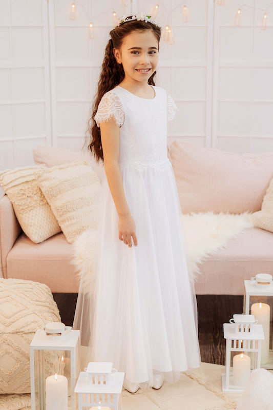 Girls White Floral Lace Tulle Communion Dress - Style Keelin