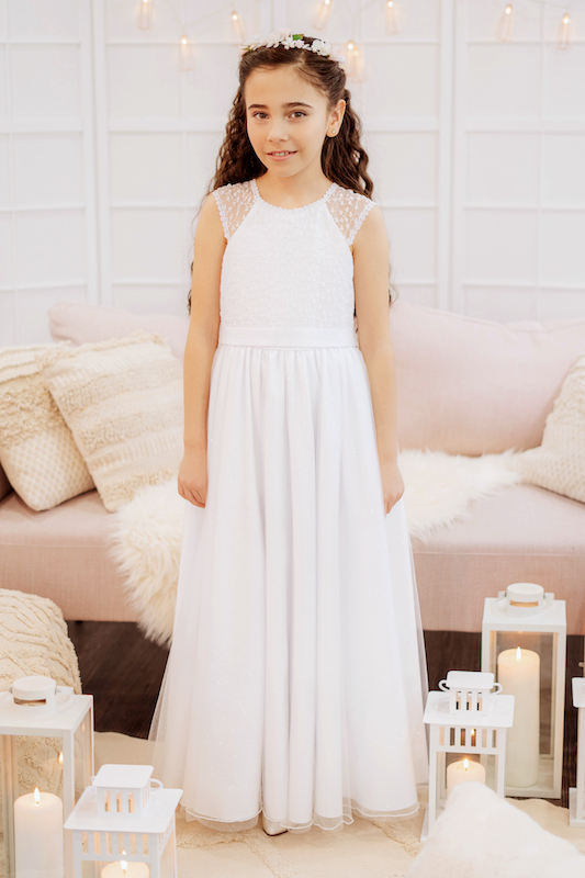 Girls White Sparkly Tulle Communion Dress - Style Keely