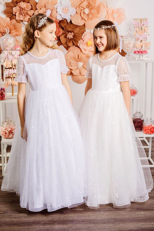 Girls Ivory or White Sweetheart Sequin Tulle Communion Dress - Style Keira