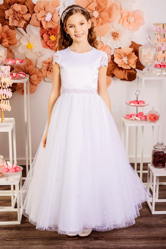 Girls Ivory or White Illusion Star Tulle Communion Dress - Style Kelsie