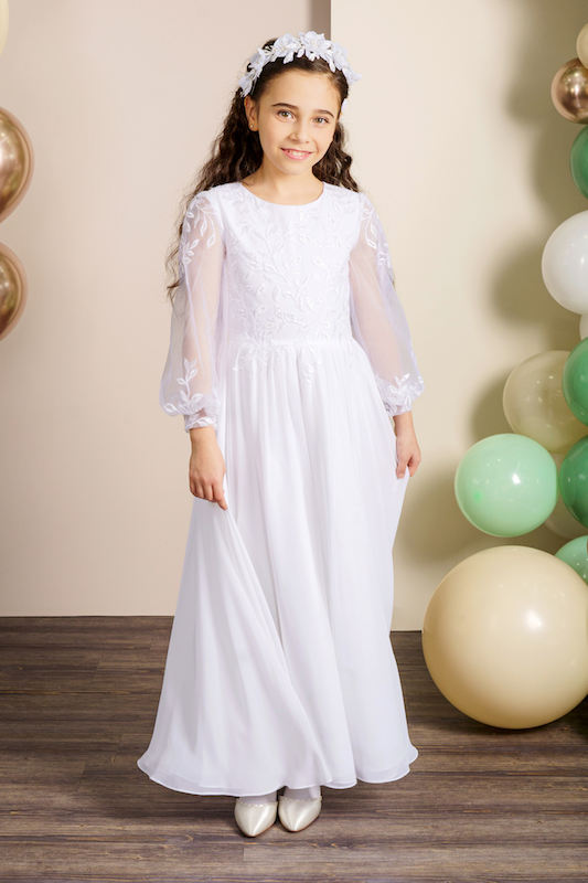 Girls Ivory or White Floral Chiffon Communion Dress - Style Kendy