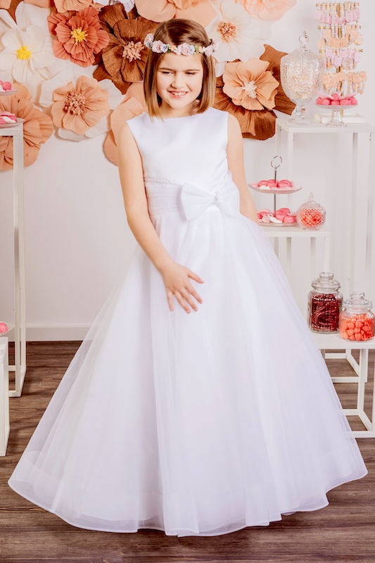 Girls Ivory or White Bow Tulle Communion Dress - Style Kerstin