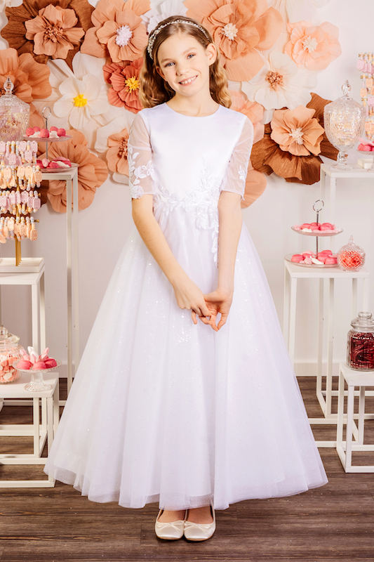 Girls Ivory or White Sparkly Tulle Communion Dress - Style Kiana