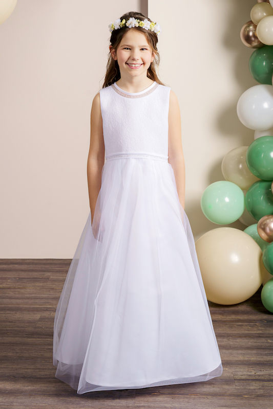 Girls Ivory or White Embroidered Tulle Communion Dress - Style Kollina