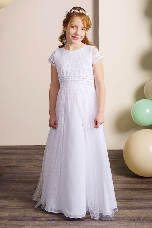 Girls Ivory or White Dotted Tulle Chiffon Communion Dress - Style Kora