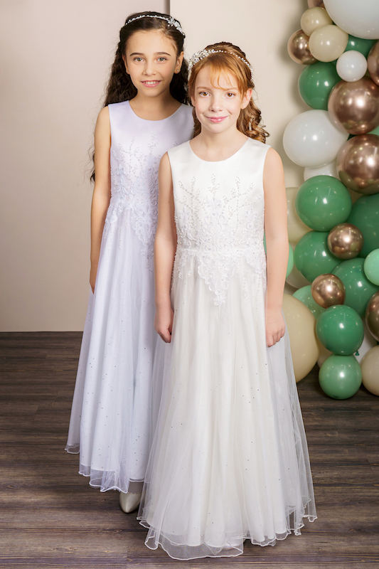 Girls White Sparkly Tulle Lace Communion Dress - Style Kornelia