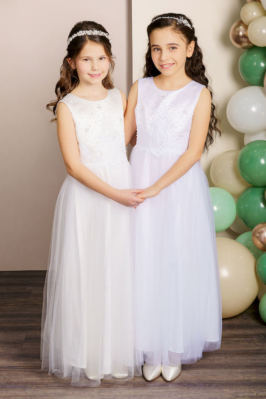 Girls Ivory or White Beaded Lace Tulle Communion Dress - Style Kortney